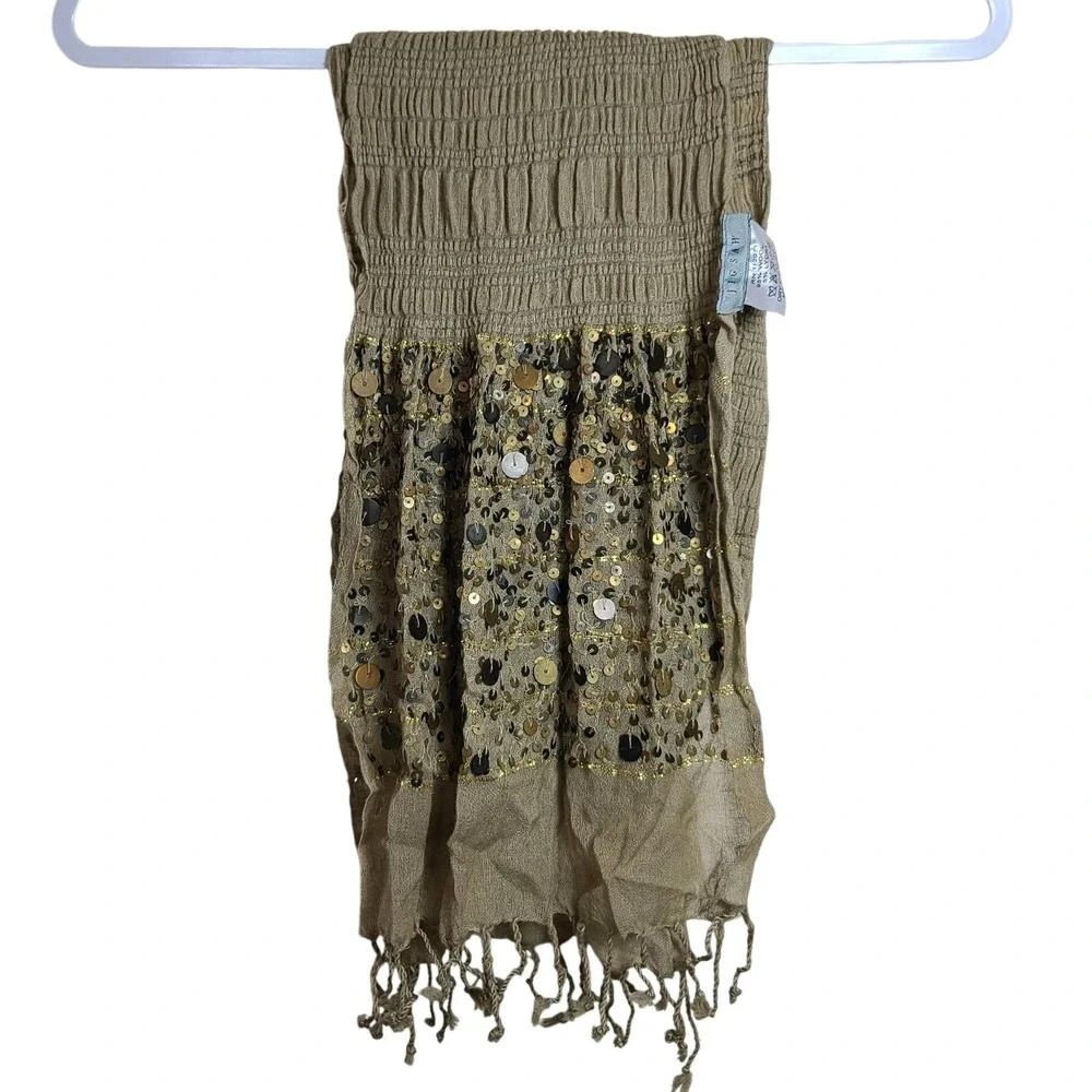 JIGSAW Stone Brown Wool Blend Scarf Fringe Sequins Gypsy Festival Global Artisan